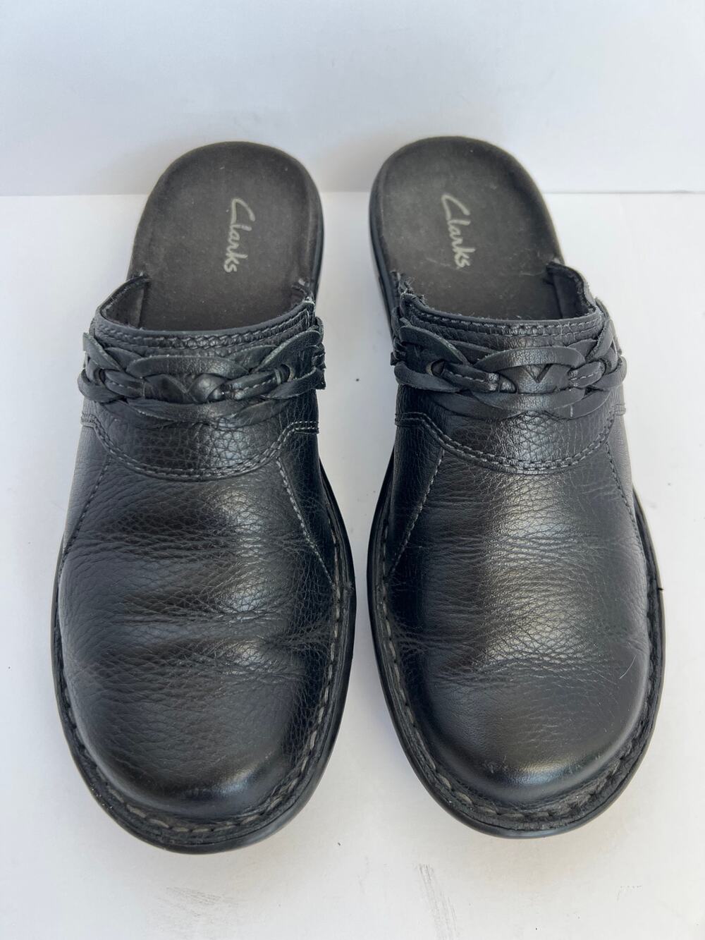 Clarks Collection Women's Black Leather Braided Slip On Clog Mules Size 7.5 M